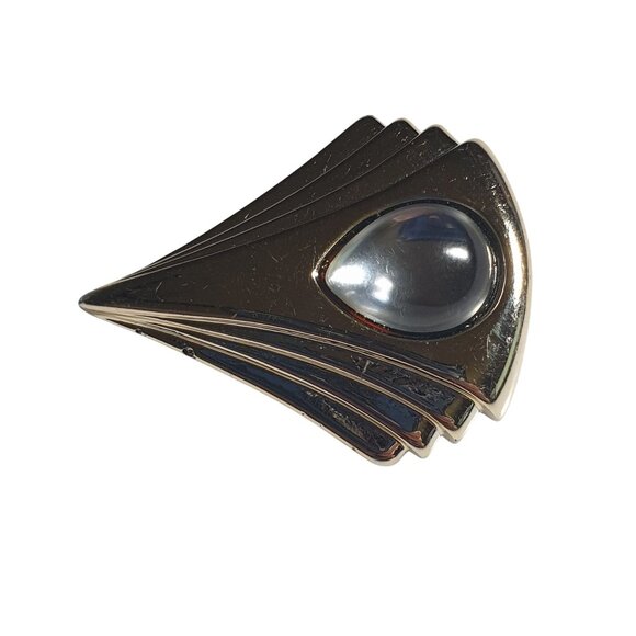 Vintage Art Deco Style Gold Tone Brooch Clear Cabochon Fan Design Pin Plastic - Picture 3 of 5